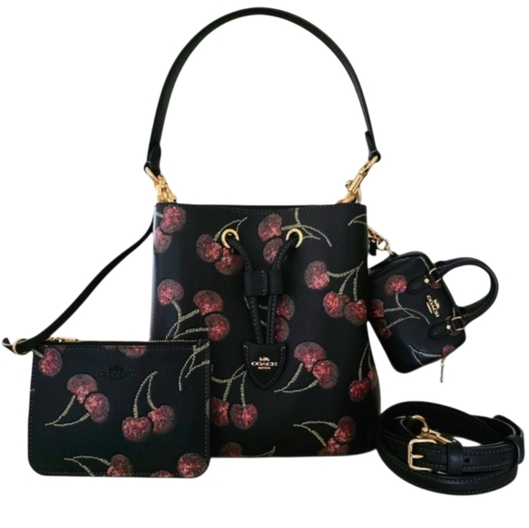 Coach Handbags - 🍒 COACH Rowan Bucket Bag & Rowan Charm w/Sequin Cherry Print